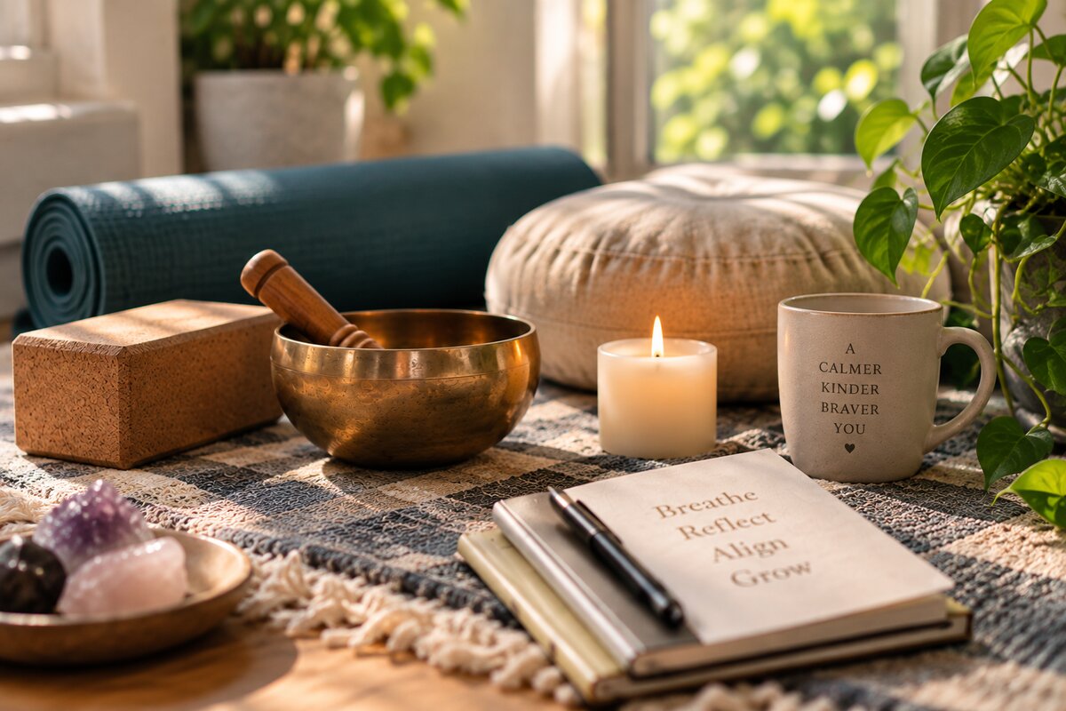 A singing bowl, candle, journal and yoga mat arranged in warm morning light