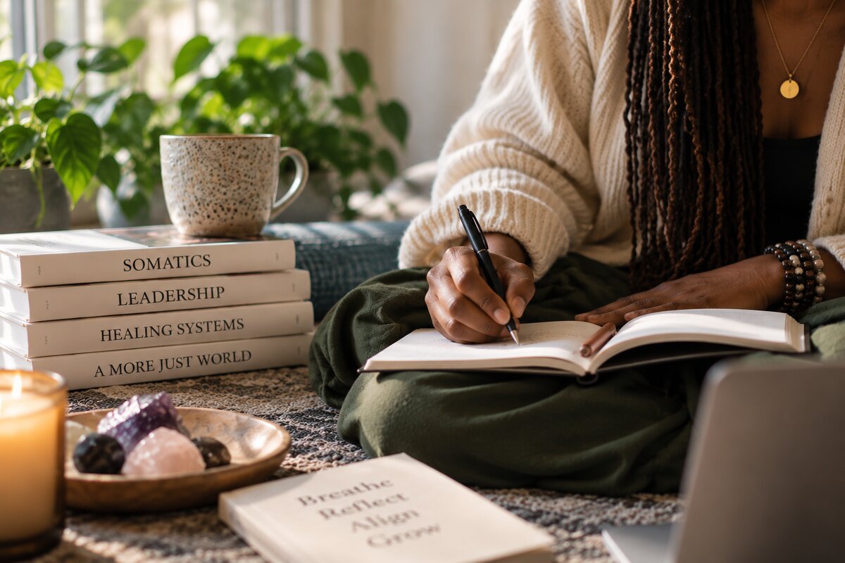 A woman journaling beside books on somatics, leadership, and healing systems