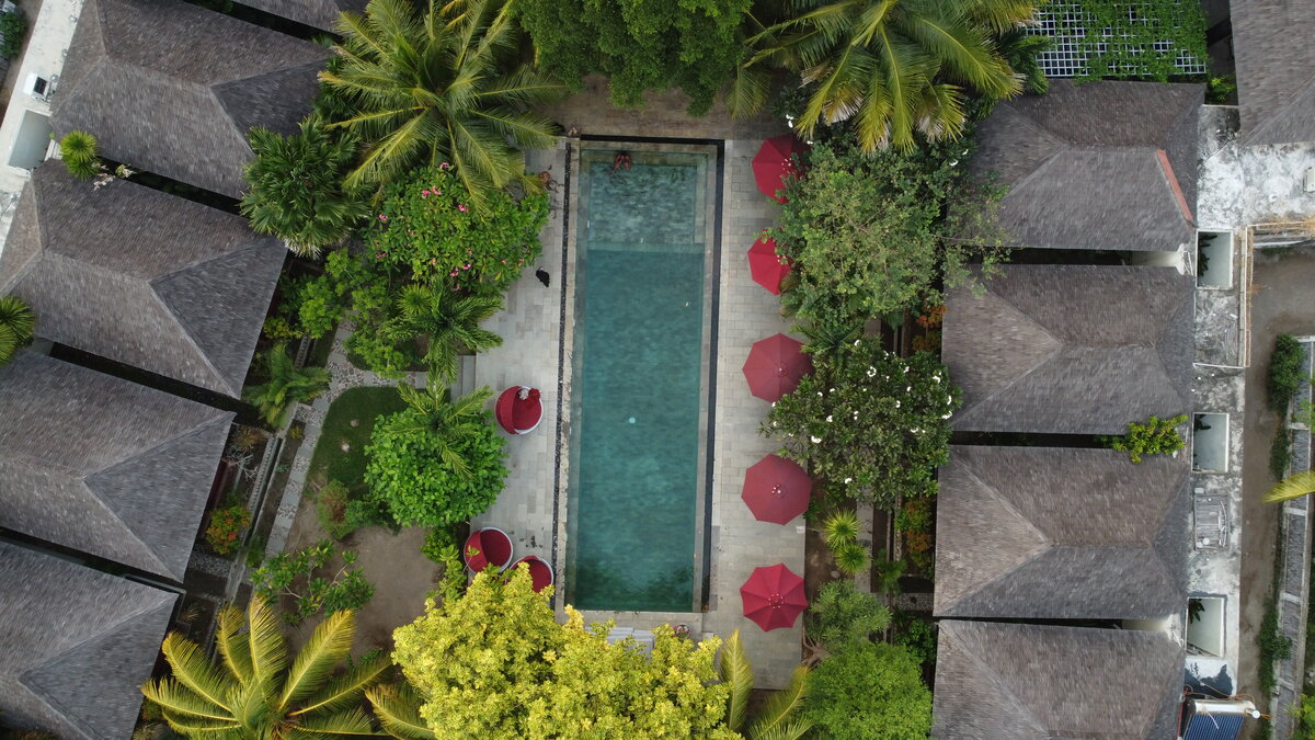 Aerial view of Samata Village and its pool