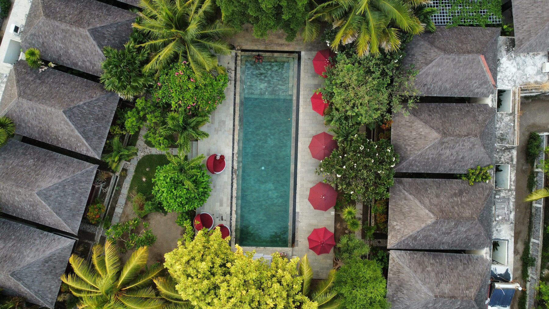 Aerial view of the Xhale retreat pool and grounds in Gili Air, Indonesia